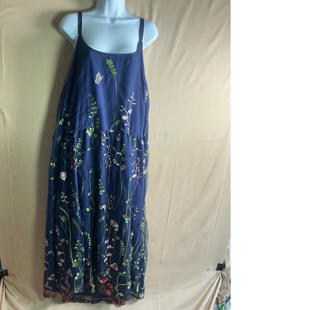BloomChic Navy Blue Floral Butterfly Embroidered Mesh Maxi Dress Womens Plus 26 - Picture 2 of 15